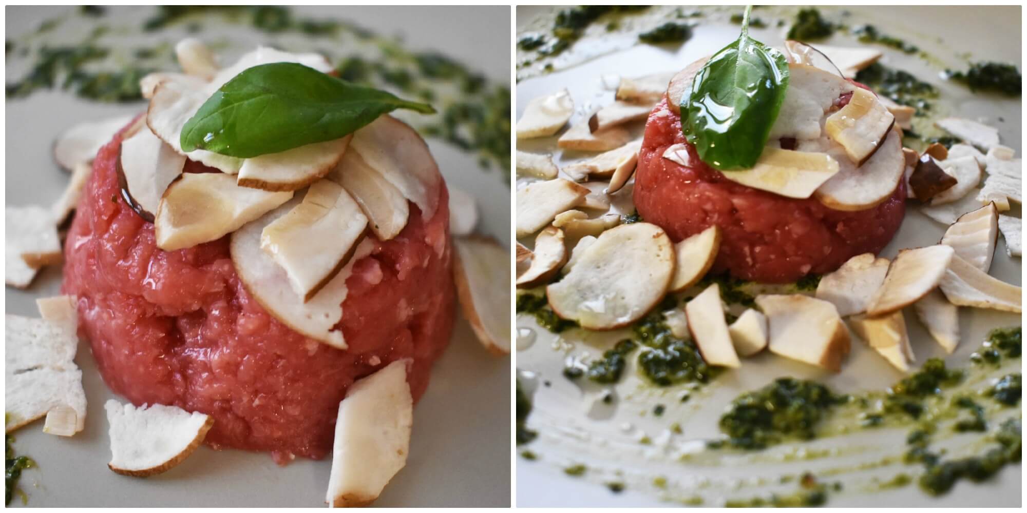 Tartare di manzo con pesto e porcini crudi: leggero piatto freddo Tartare di manzo con pesto e porcini crudi: leggero piatto freddo